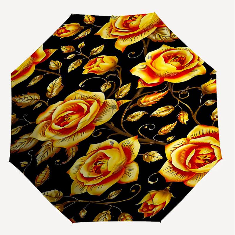 1PC Golden Roses Umbrella-8-Rib Reinforced Portable Folding Travel Suitable for All Seasons Outdoor Daily Use-H0362