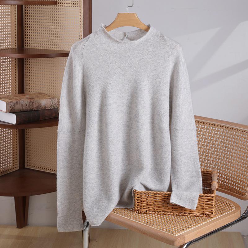 Women's Pure Cashmere Batwing Sleeve Pullover with Rolled Hem and Half-High Neck - Autumn & Winter Style
