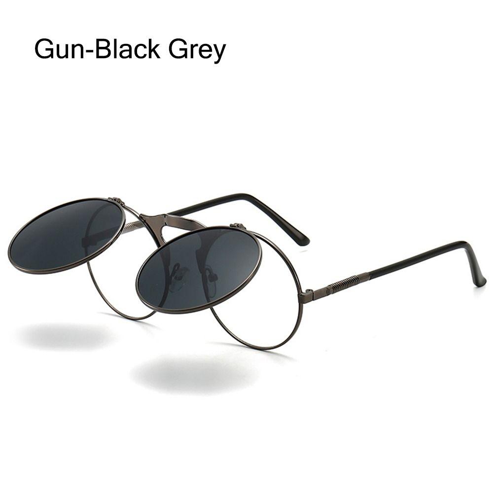 Ретро Очки-флип раунд Мужские Женские Металлические Стиль Стимпанк Солнцезащитные очки Мужские Женские Двойные Круглые Прозрачные Линзы Очки