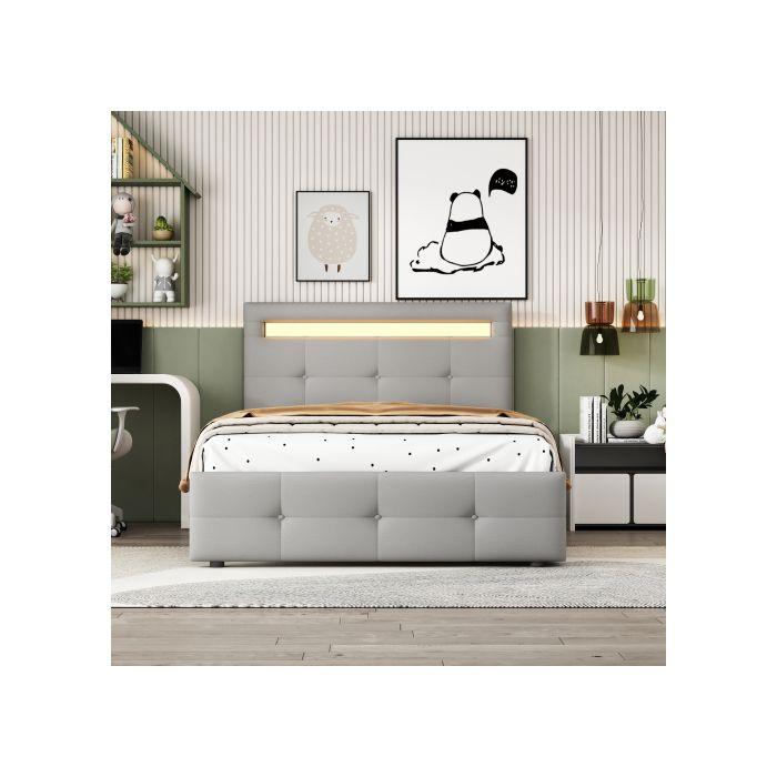 Мягкая кровать - MUVOE - 90x200 см - Светодиодная подсветка - 2 ящика - Нежно-серый