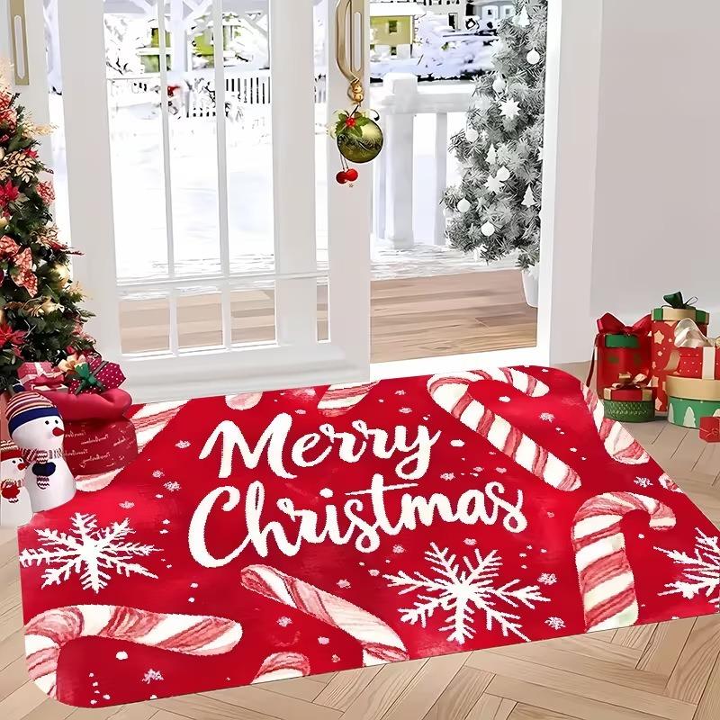 Festive Candy Cane Motif Washable Floor Mat Decorative Door Rug Perfect For Indoor Outdoor Entryway Welcome Accent