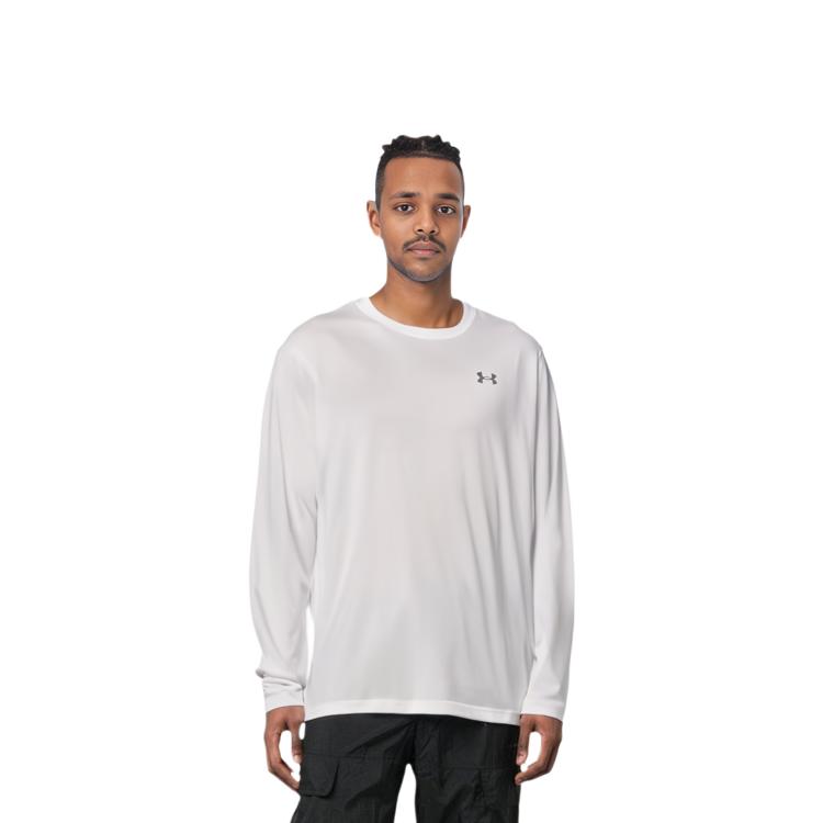 Under Armour Solid Logo Crew Neck Casual Long Sleeve T-Shirt Men Tops White 1382584-100
