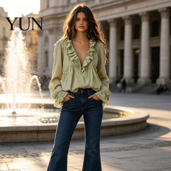 Bohemian Tops Women Half Zipper V-Neck Blouse, Long Sleeve Ruffle Top, Breathable Top Solid Color Loose Fit Pleated Shirt for Spring Fall