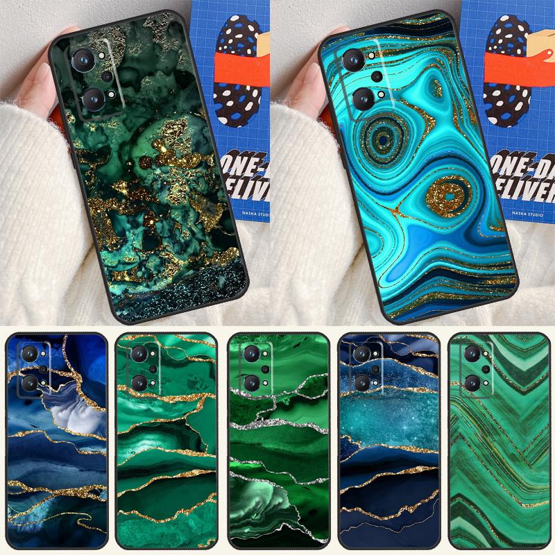 Gold Indigo Faux Malachite For Realme 11 10 12 13 14 Pro Plus GT 5 6 6T GT7 Pro C61 C53 C51 C21Y C25S C55 C67 C75 Case
