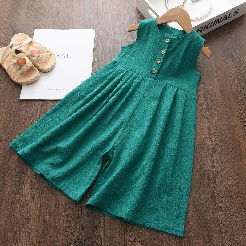 Girls Summer Solid Color Button Sleeveless Jumpsuit Midget Cotton Soft Jumpsuit