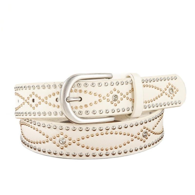 Punk Belt Women Retro Rivet Rhinestone PU Leather Waist Strap 4cm Wide 105cm Length Pin Buckle Black White Camel