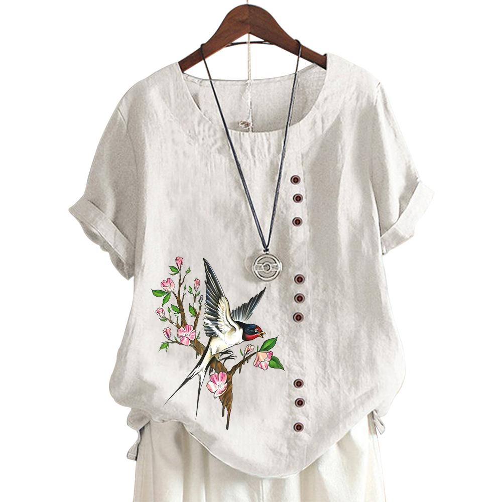 Ladies' Round Neck Short Sleeve Top with 11 Colorful Floral Designs