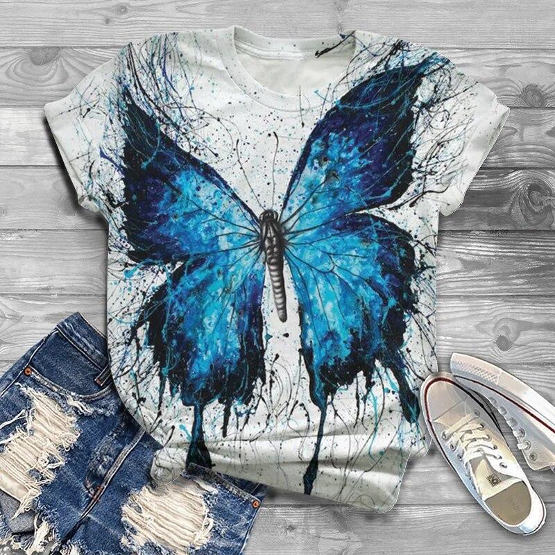Футболка с 3d принтом Blue Flame Butterfly, женские модные футболки, футболка с цветочным принтом, повседневные топы с короткими рукавами, футболка, женская футболка большого размера