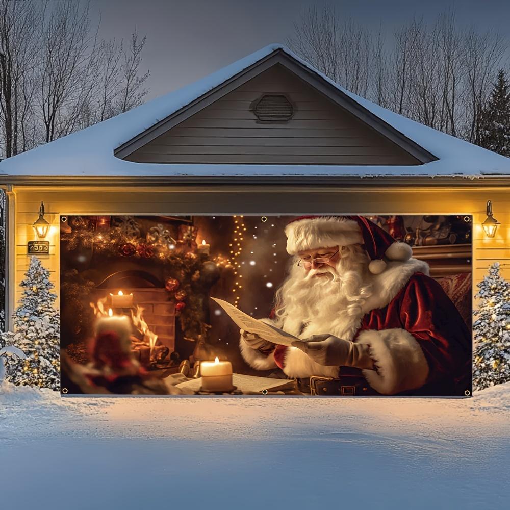 Santa Claus reading and fireplace Christmas garage banner,suitable for winter celebrations and New Year's front porch de