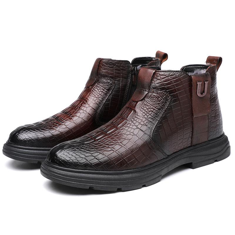 Качественные мужские деловые ботинки из коровьей кожи, осенне-зимние теплые меховые зимние ботинки, мужские ботильоны с крокодиловым узором, мужская обувь