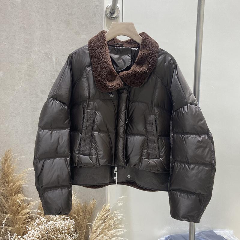 Short lapel lamb wool splicing thickened foreign style winter down jacket women's loose casual bread jacket