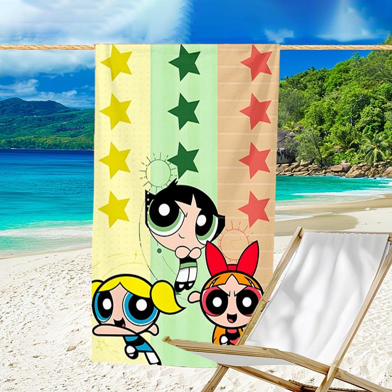 1pc Powerpuff6 Beach Towel, Beach and Seaside Swimming Pool Equipment, Fashion Pattern, Rectangular, Travel Essentials