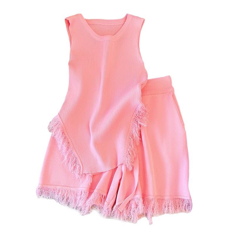 French Style Pink Tassel Knit Camisole & High Waist Wide-Leg Shorts for Women