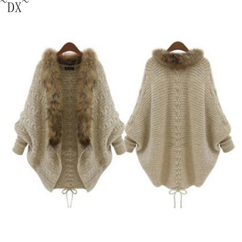 DX~Autumn and Winter New Women's Knitwear Cardigan Cape Shawl  European and American Fur Collar Sweater Coat