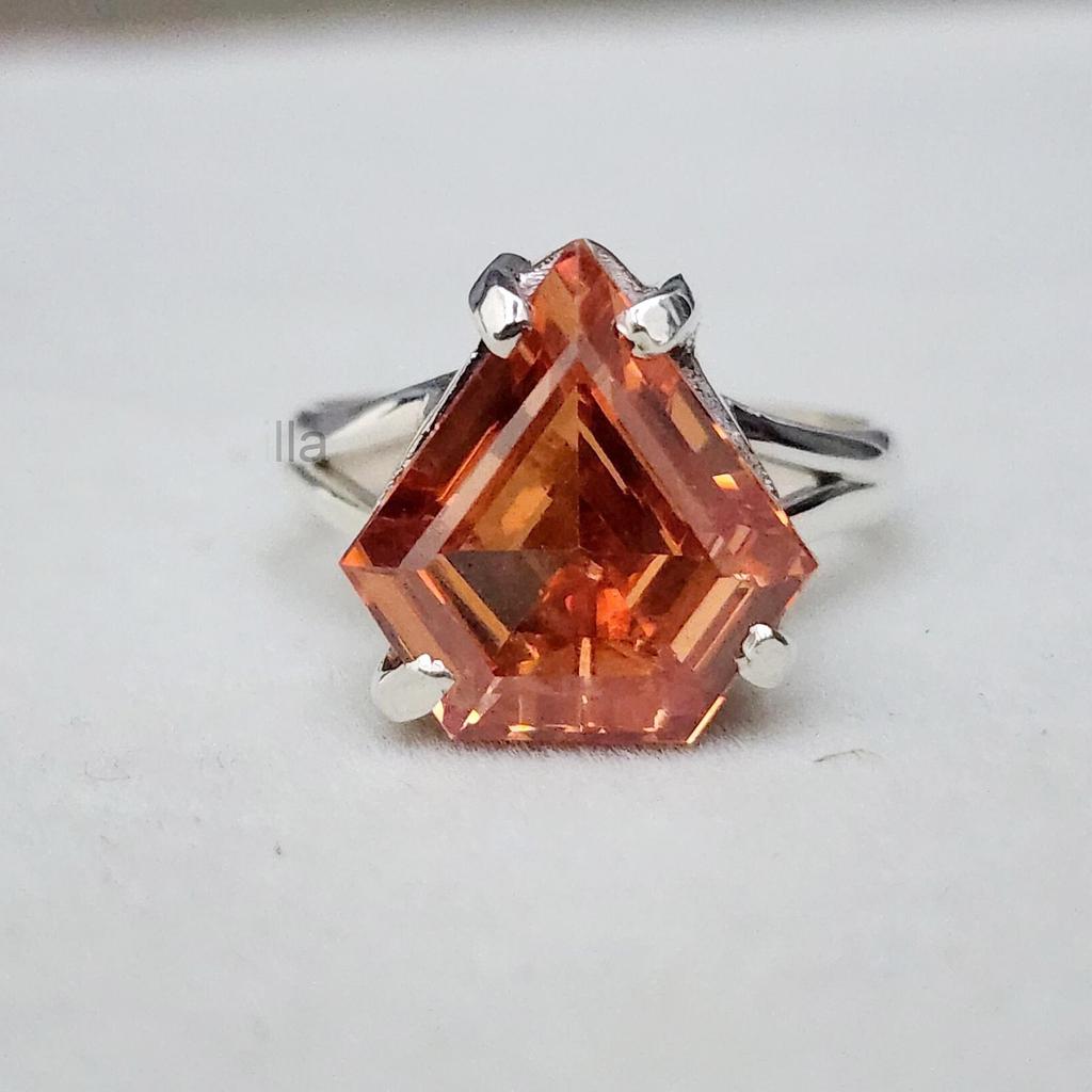 Prong Set Diamond Shape Peach Morganite Quartz 925 Sterling Silver Ring Ring Jewelry