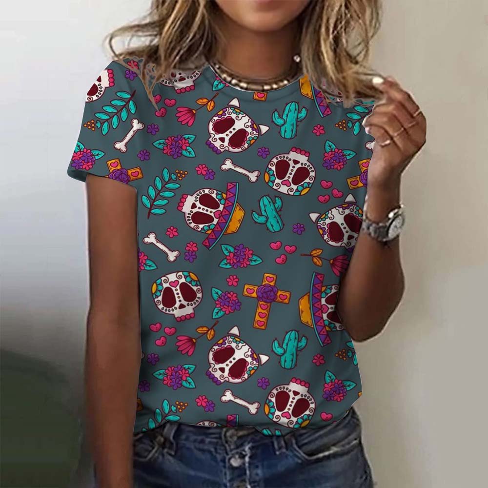 Summer Round Neck 3D Colorful Skull Pattern Print Top Fashionable Casual Short Sleeved Women's T-shirts