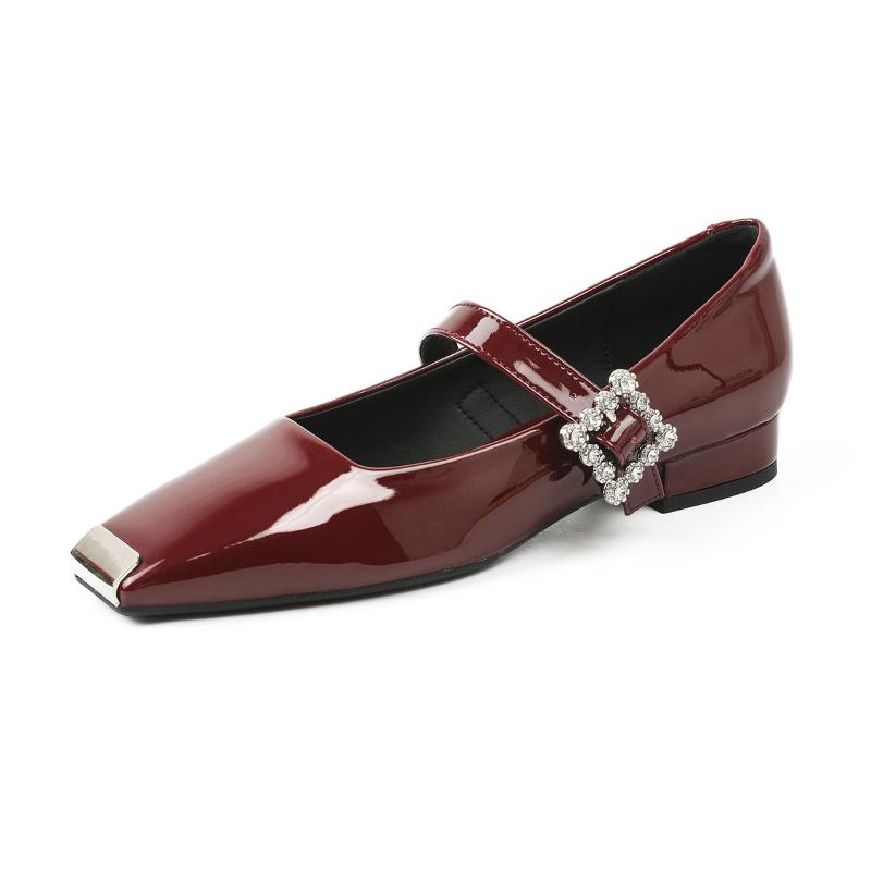 New Metal Toe Low Heel Patent Leather Mary Jane Shoes Women Red T-Bar Strap Chunky Heel French Style Flats