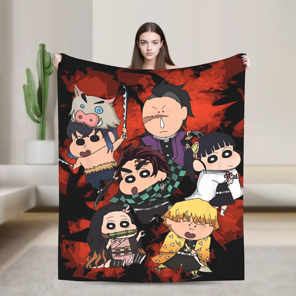 Crayon Shin chan Demon Slayer Fleece Throw Blanket Anime Blankets for Home Travel Warm Plush Thin Quilt