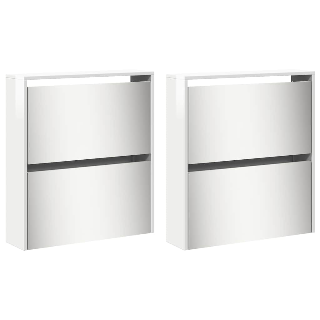 Shoe Cabinet with Mirror 4 Flip Down Compartments High Gloss White 63 x 17 x 134 cm