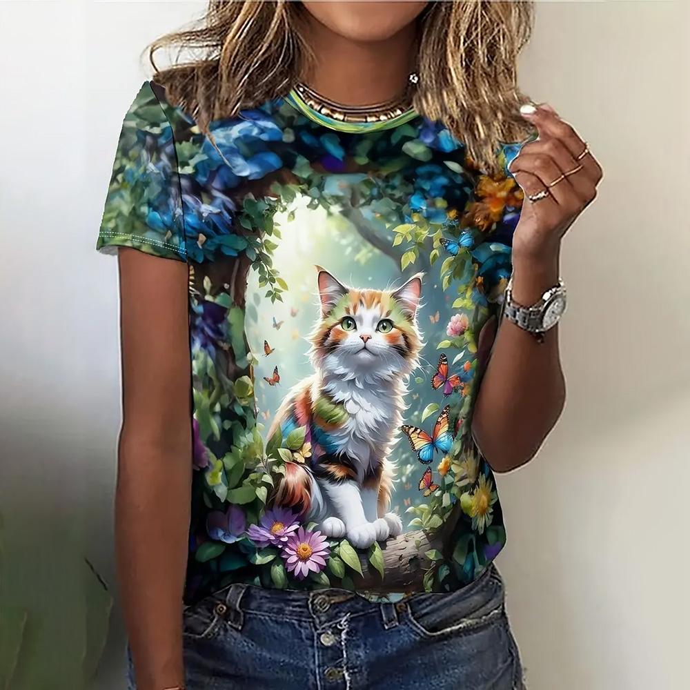 Женская мода 3D абстрактный рисунок кошки напечатаны короткие рукава топы 2024 новая женская одежда футболки летние свободные блузки и футболки