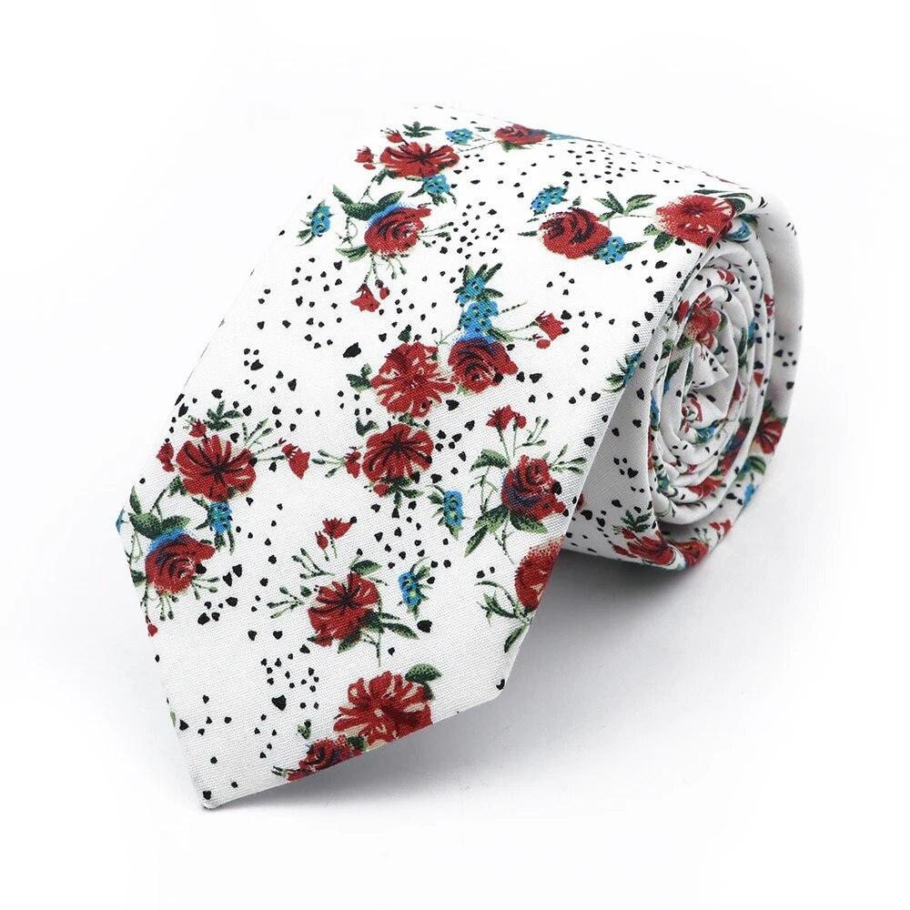 Floral Tie, For Men Women, 100% Cotton, Elegant Flower Necktie, White, Blue, Narrow Skinny, Wedding, Party