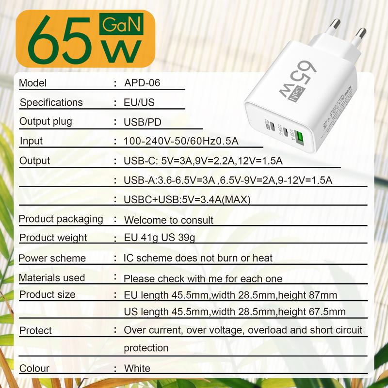 65W GaN Travel Charger EU Plug Dual USB C + USB A Port Fast Charging Wall Adapter Compact Charger for Phone Laptop Tablet
