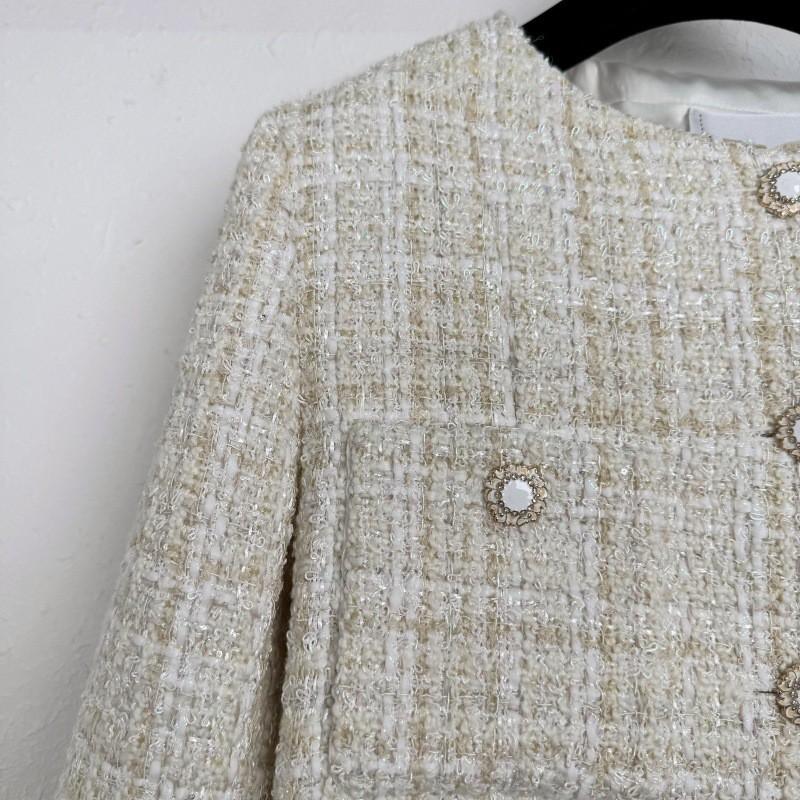 2026 Womens Silk-Lined Beige Plaid Blazer Coat With Four Pockets Round Neck Mid-Length