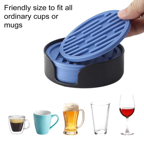 6Pcs Silicone Coasters Set with Holder Non-Slip Cup Mat Drinks Desk Home Decor Tabletop Protection Round Hot Cold Drink Coasters for Wood Glass