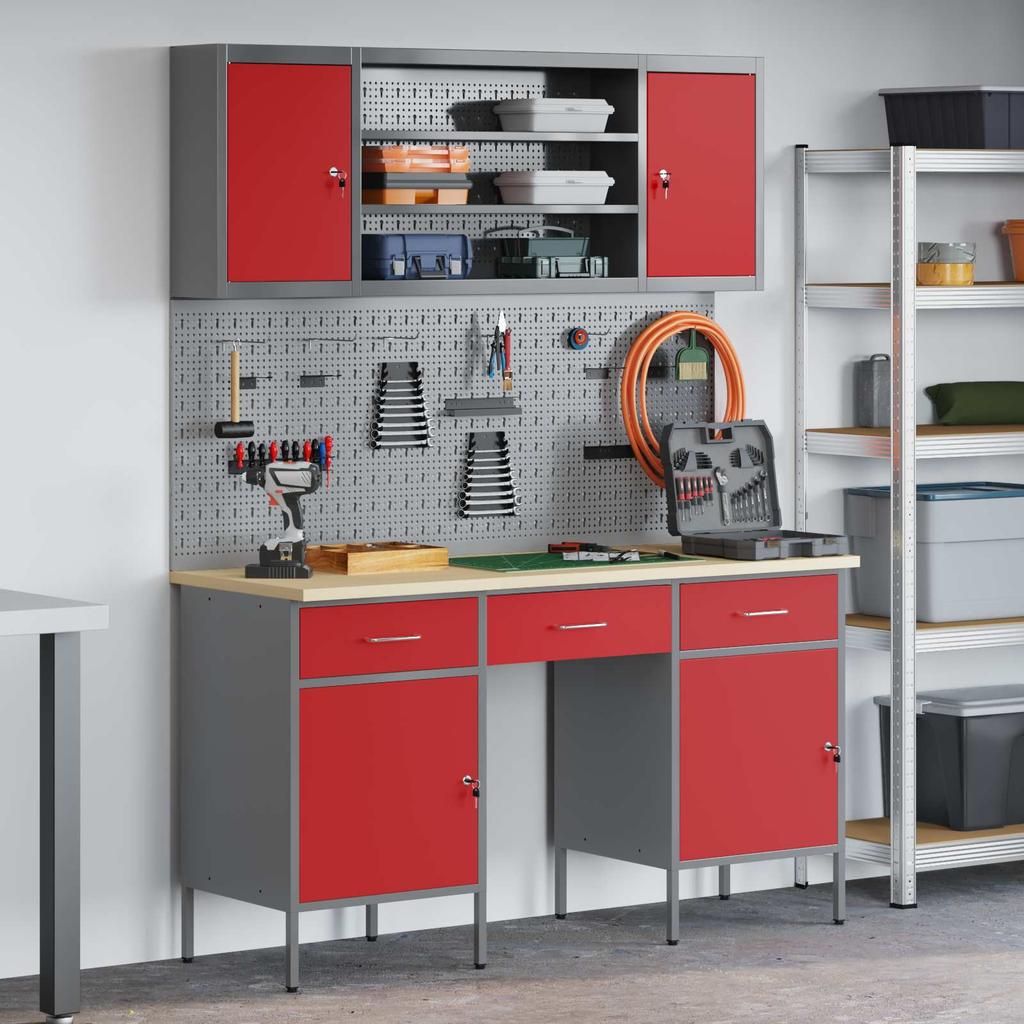 Workbench 7 pcs Red and Grey Engineered Wood and Steel