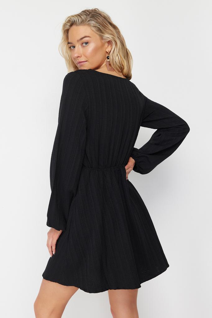 Women's Fashion New Dress Black Mini Woven Tie-Up Linen Blend Beach Dress