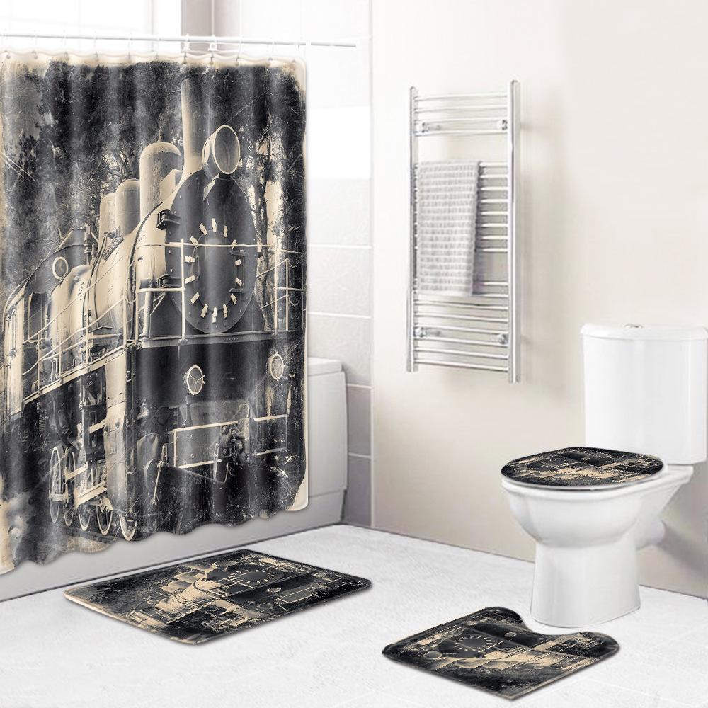 Home Waterproof Print Shower Curtain 4 Piece Carpet Cover Toilet Cover Bath Mat Pad Set Bathroom Curtain Bathroom Decoration