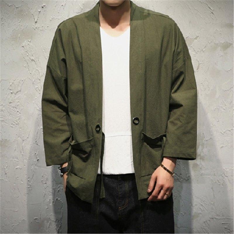 Летний халат в китайском стиле из перьев, мужской кардиган ханьфу из хлопка и льна, японское кимоно, льняная рубашка с рукавом три четверти, куртка