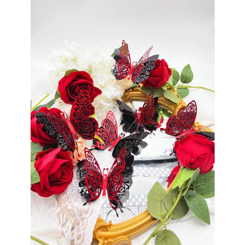 6pcs/Set Valentine's Day Collection Double Layered & 3d Design Butterfly Stickers With Shiny Gold Decoration, Stickers, Wall Decal, Vinyl Decal