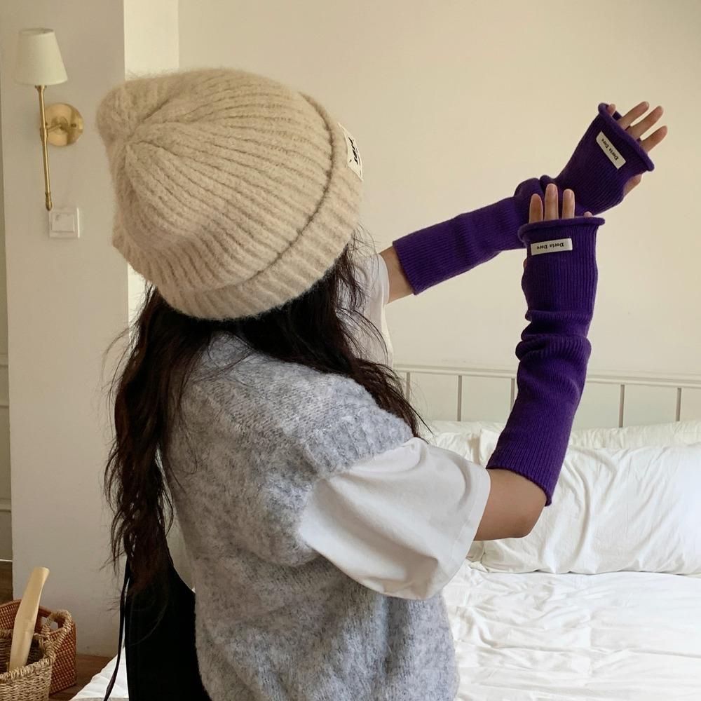 Solid Color Knitted Warm Sleeves Hole Long Fingerless Sleeves Warm Arm Covers  Clothing Accessories