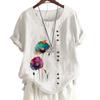 Women's Cotton Relaxation Top with 7 Artistic Print Patterns, Round Neck, Short Sleeves, Button Embellishments