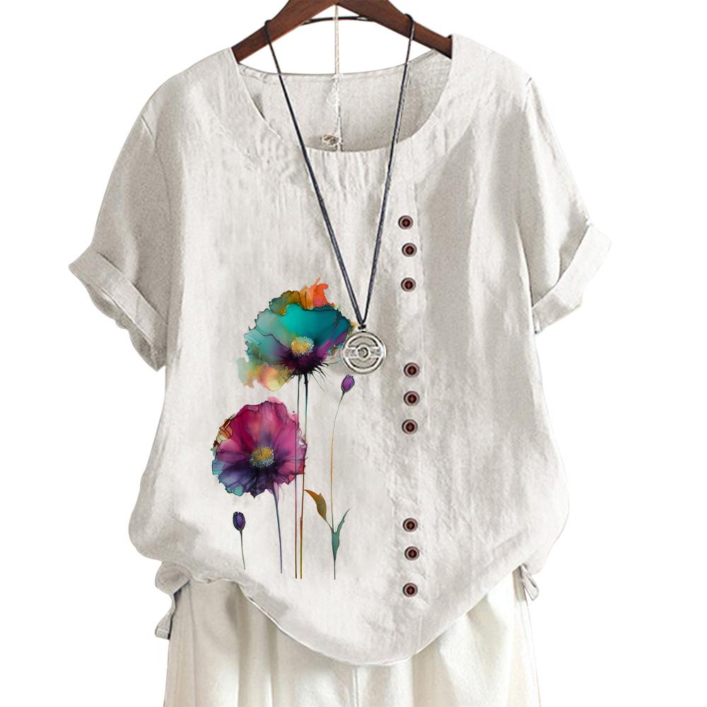 Women's Cotton Relaxation Top with 7 Artistic Print Patterns, Round Neck, Short Sleeves, Button Embellishments