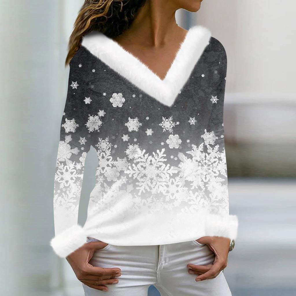 Женская мода повседневная плюшевая кофта с длинным рукавом и V-образным вырезом с рождественским принтом
