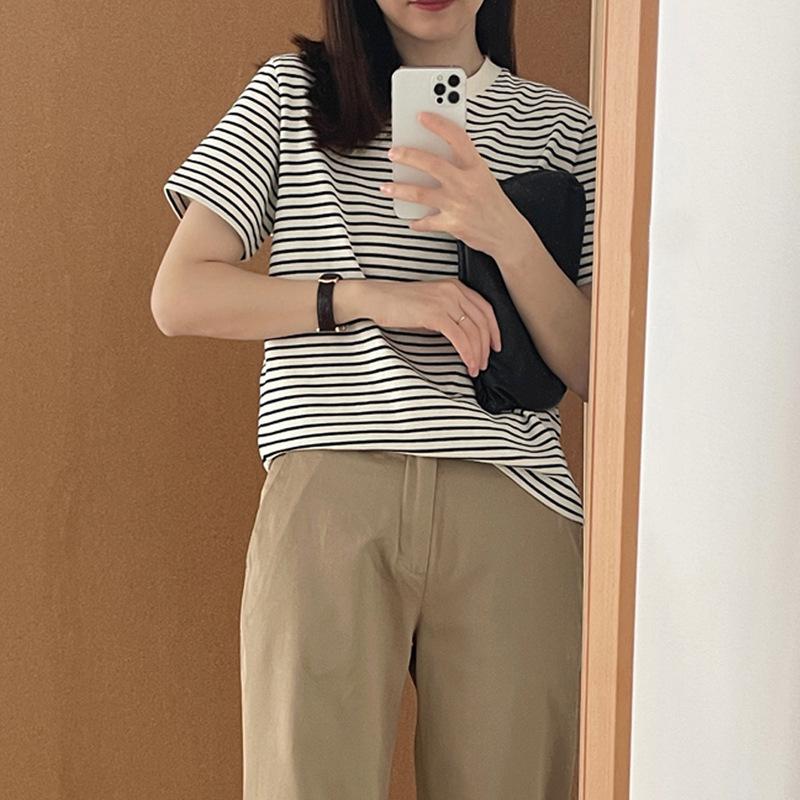 Pure Cotton Short Sleeve T-shirt with Black and White Stripes New Korean Version Round Neck Loose Thin All-match Blouse