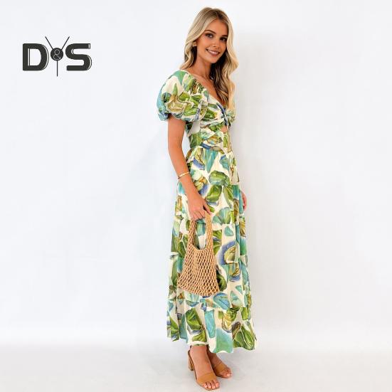 Женское вечернее платье с рукавами-пузырьками и глубоким вырезом с открытыми плечами, красочный принт, трапециевидной формы с большим подолом, лоскутное платье, плиссированное пляжное платье макси для отпуска