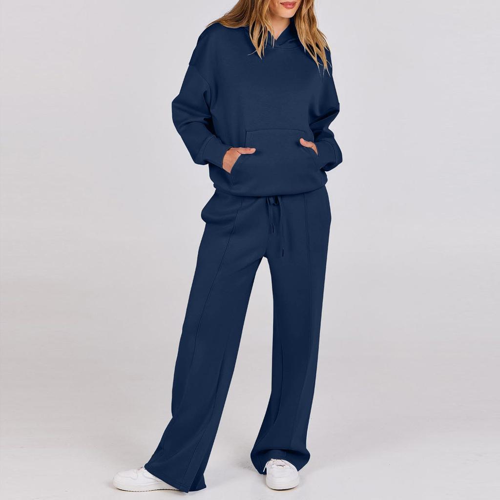 Women's Casual Solid Color Long-sleeved Hoodie Straight Pant Suit