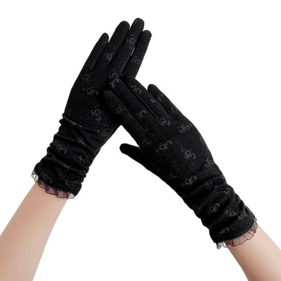 1 Pair Floral Print Anti-slip Palm Driving Gloves Full Finger Lace Stitching Wrist Extended Girls Outdoor Riding Sunscreen Mittens Cycling Accessories