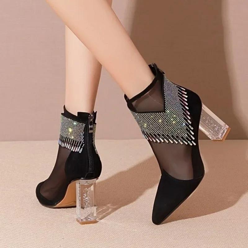 Fashion Summer Fashion Boots Women 2024 New Glitter Rhinestone Ladies Pointed Toe Chunky Heel Shoes Dress Party Female Mesh Sandals