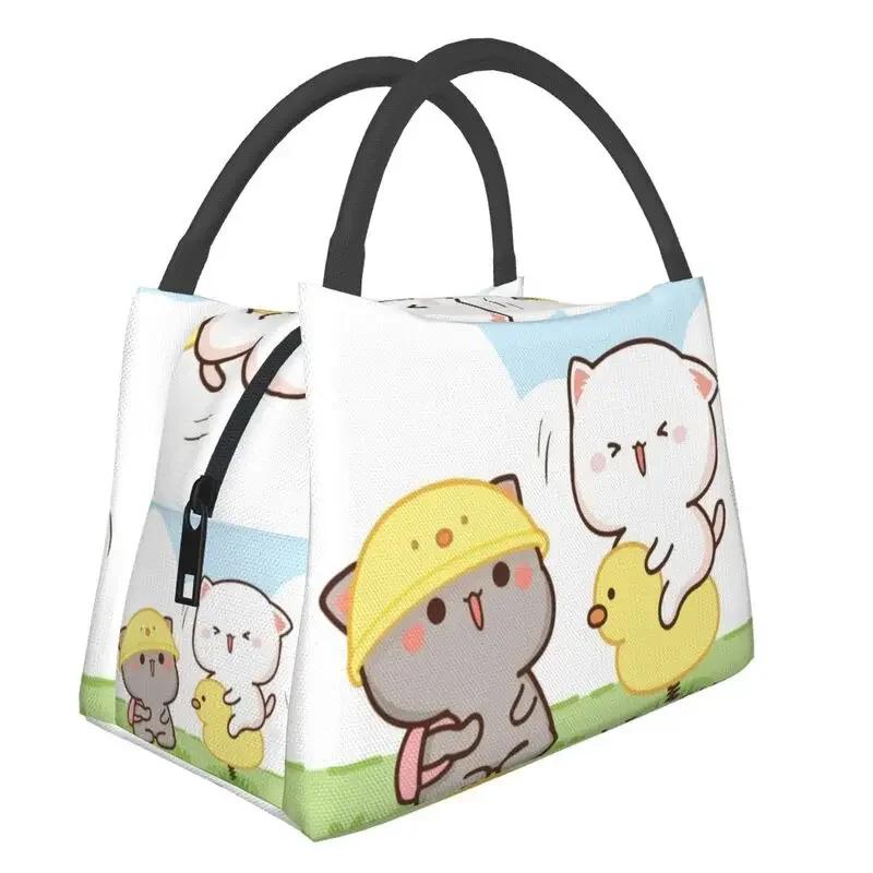 Kawaii Mochi Cat Peach And Goma Thermal Insulated Lunch Bags Women Resuable Lunch Tote for Outdoor Picnic Storage Meal Food Box