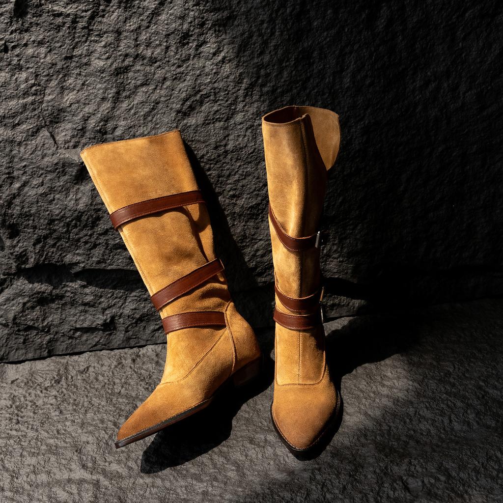 Handmade Boots Retro Inner Heightening Western Cowboy Boots Autumn And Winter Leather Pointed Low Heel Tall Boots