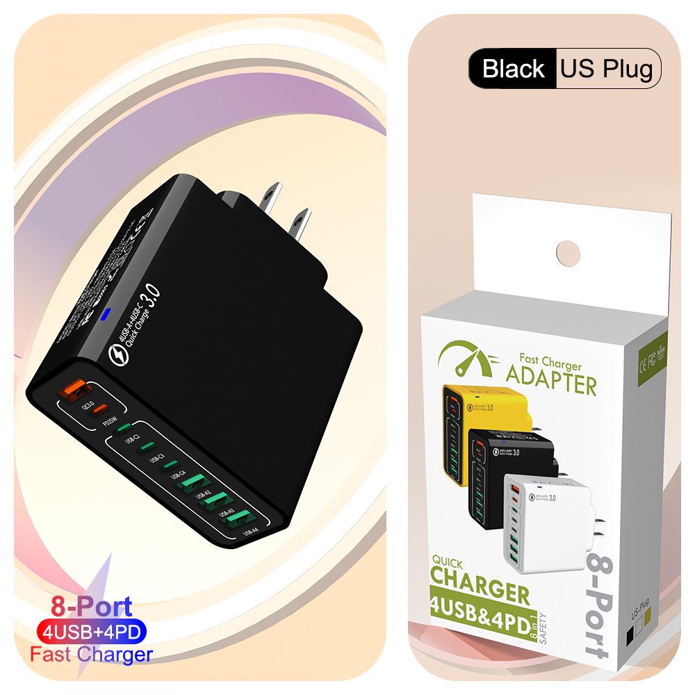 Быстрое зарядное устройство PD 55 Вт на 8 портов: 4 USB, 4 PD, QC3.0, Стандарт EU/US/KR