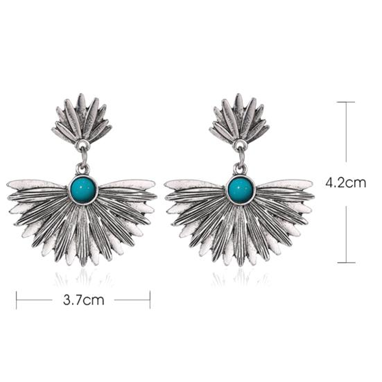 Винтажные серьги-гвоздики с металлической инкрустацией из искусственной бирюзы в форме веера, женские серьги-гвоздики, ювелирные изделия