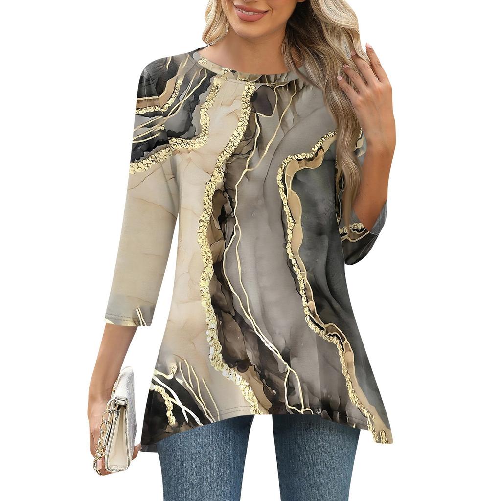 3/4 рукав туника топы для женщин принтованный повседневный выходной свободный крой модная базовая футболка с круглым вырезом