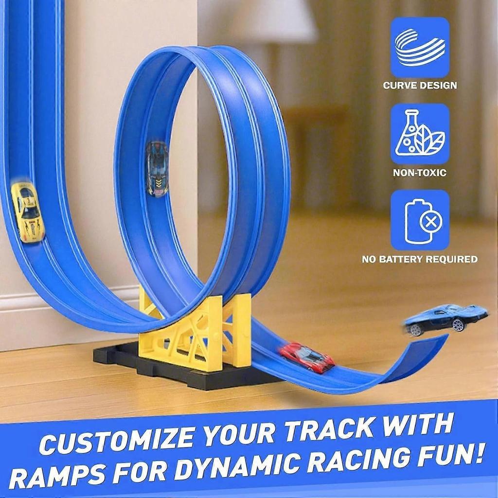 Flexible Race Car Track for Kids Toy, Portable Roll-Up Flex Track Racetrack with Suction Cups & 4 Wheels, Compatible with 1:64 Scale Model Cars