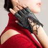 Genuine Sheepskin Leather Gloves Fingerless Rope Glove Women Straps Openwork Cross Lace Up Ruffle Mittens