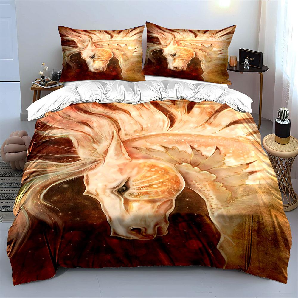 Golden horse with feathers. Bedding sets Duvet cover sets Duvet covers Pillowcases(1 * Duvet Cover 2 * Pillowcases, without duvet insert)